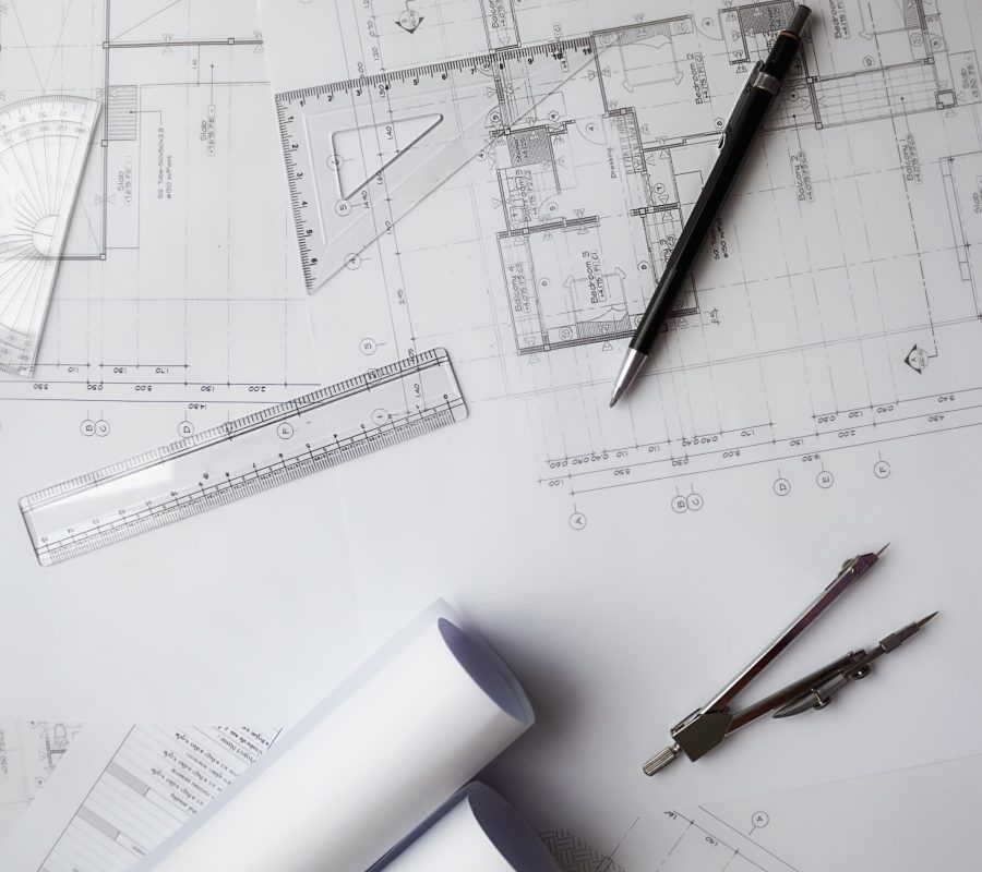 Image of engineering objects on workplace top view.Construction concept. Engineering tools.Vintage tone retro filter effect,soft focus(selective focus)
